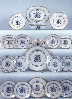 Famille Rose armorial part dinner service for the French market with the arms of Garnier de Fourgeray by French School